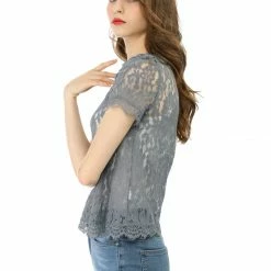 Women Allegra K Scalloped Trim Short Shirred Sleeves Sheer Floral Lace Top