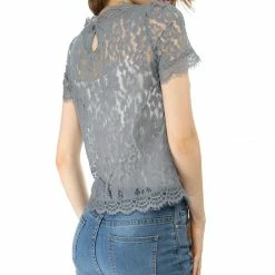 Women Allegra K Scalloped Trim Short Shirred Sleeves Sheer Floral Lace Top