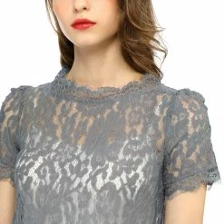 Women Allegra K Scalloped Trim Short Shirred Sleeves Sheer Floral Lace Top