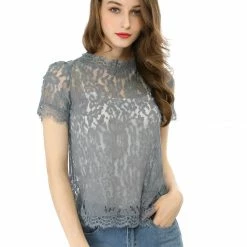 Women Allegra K Scalloped Trim Short Shirred Sleeves Sheer Floral Lace Top