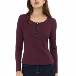 Allegra K Long Sleeves Henley Ribbed Knit Top