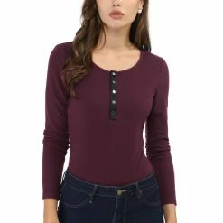 Allegra K Long Sleeves Henley Ribbed Knit Top
