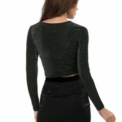 Women Allegra K Long Sleeve Crew Neck Cut Out Glitter Cross Crop Tops