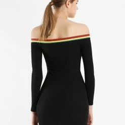Allegra K Rainbow Stripe Ribbed Off Shoulder Bodycon Dress 14 Allegra K Rainbow Stripe Ribbed Off Shoulder Bodycon Dress