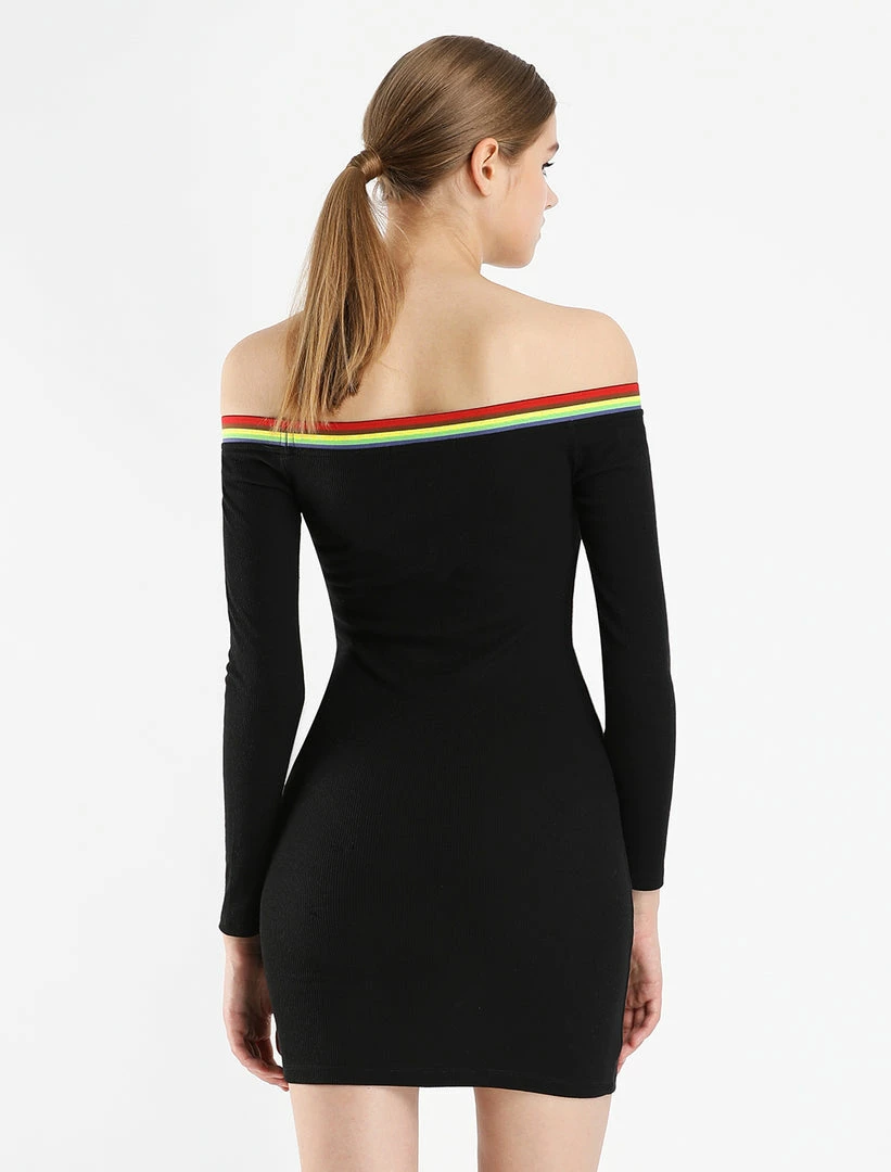 Allegra K Rainbow Stripe Ribbed Off Shoulder Bodycon Dress 8 Allegra K Rainbow Stripe Ribbed Off Shoulder Bodycon Dress