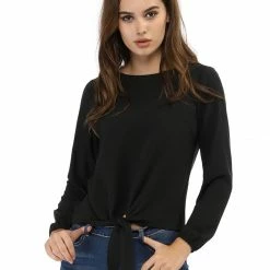 Allegra K Casual Knot Tie Front Loose Long Sleeve Tops