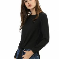 Allegra K Casual Knot Tie Front Loose Long Sleeve Tops