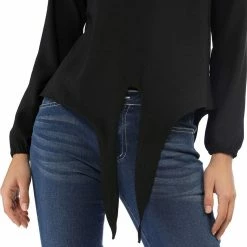 Allegra K Casual Knot Tie Front Loose Long Sleeve Tops