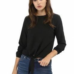 Allegra K Casual Knot Tie Front Loose Long Sleeve Tops