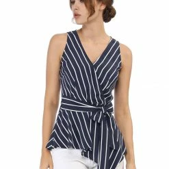 Allegra K Diagonal Stripes Tie Waist Wrap Top Women
