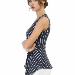 Allegra K Diagonal Stripes Tie Waist Wrap Top Women