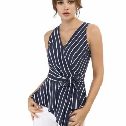Allegra K Diagonal Stripes Tie Waist Wrap Top Women