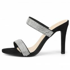 Allegra K Shoes Women's Open Toe Stiletto Heel Rhinestone Mules Sandals