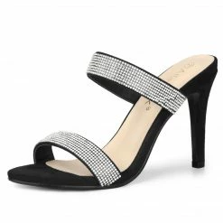Allegra K Shoes Women's Open Toe Stiletto Heel Rhinestone Mules Sandals