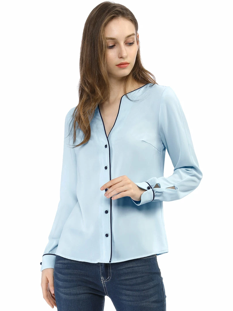Women Allegra K Button Down Contrast Trim V Neck Long Sleeves Blouse 22 Women Allegra K Button Down Contrast Trim V Neck Long Sleeves Blouse