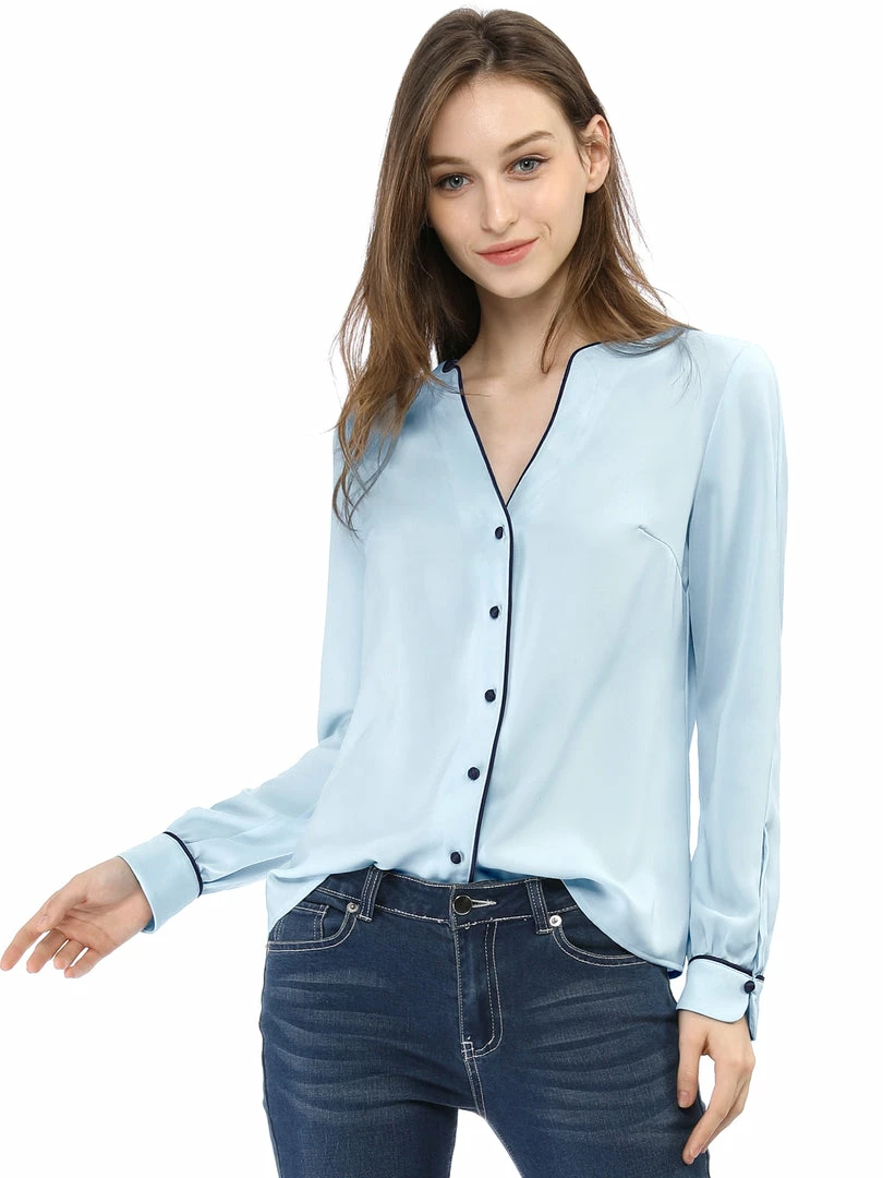 Women Allegra K Button Down Contrast Trim V Neck Long Sleeves Blouse 23 Women Allegra K Button Down Contrast Trim V Neck Long Sleeves Blouse