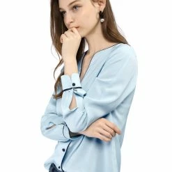 Women Allegra K Button Down Contrast Trim V Neck Long Sleeves Blouse 53 Women Allegra K Button Down Contrast Trim V Neck Long Sleeves Blouse