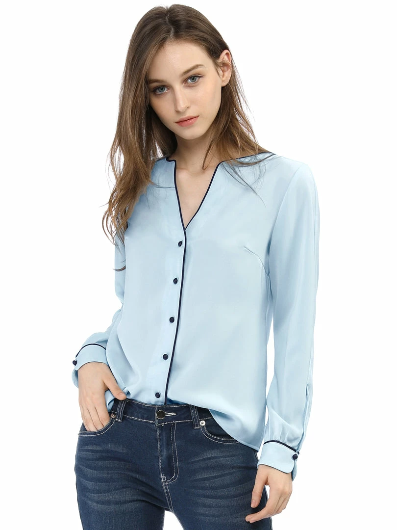 Women Allegra K Button Down Contrast Trim V Neck Long Sleeves Blouse 21 Women Allegra K Button Down Contrast Trim V Neck Long Sleeves Blouse