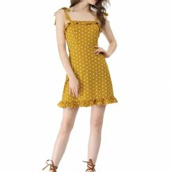 Allegra K Polka Dot Sleeveless Ruffle Tie Mini Dress Women
