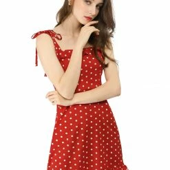 Allegra K Polka Dot Sleeveless Ruffle Tie Mini Dress Women
