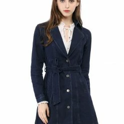 Women Allegra K Notched Lapel Single Breasted Denim Trench Coat