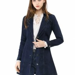 Women Allegra K Notched Lapel Single Breasted Denim Trench Coat