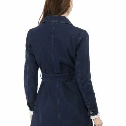 Women Allegra K Notched Lapel Single Breasted Denim Trench Coat