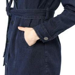 Women Allegra K Notched Lapel Single Breasted Denim Trench Coat