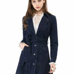 Women Allegra K Notched Lapel Single Breasted Denim Trench Coat