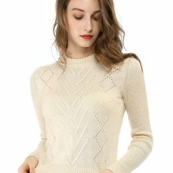 Women Allegra K Crew Neck Diamond Pointelle Slim Fit Knit Top