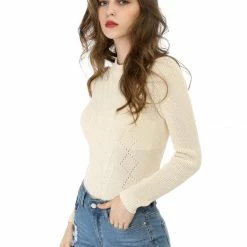 Women Allegra K Crew Neck Diamond Pointelle Slim Fit Knit Top