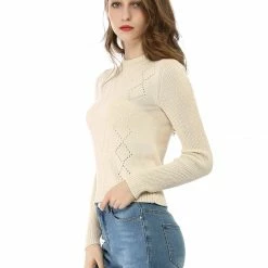Women Allegra K Crew Neck Diamond Pointelle Slim Fit Knit Top