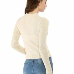 Women Allegra K Crew Neck Diamond Pointelle Slim Fit Knit Top