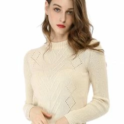 Women Allegra K Crew Neck Diamond Pointelle Slim Fit Knit Top