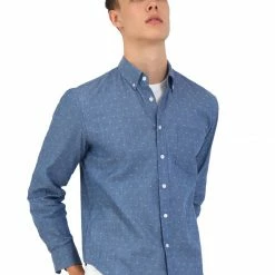 Allegra K Men Denim Shirt Pocket Weave Casual Cotton Long Sleeve Button Down Work Shirts
