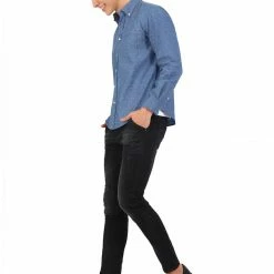 Allegra K Men Denim Shirt Pocket Weave Casual Cotton Long Sleeve Button Down Work Shirts