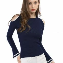 Allegra K Cold Shoulder Bell Sleeves Stripe Trim Knit Tops