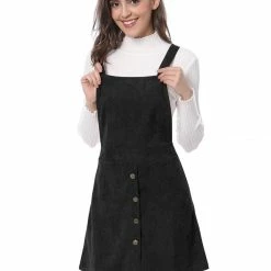 Allegra K Women's Corduroy Button Decor A Line Suspender Overall Skirt Dress