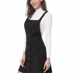 Allegra K Women's Corduroy Button Decor A Line Suspender Overall Skirt Dress