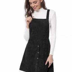 Allegra K Women's Corduroy Button Decor A Line Suspender Overall Skirt Dress