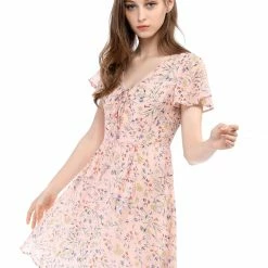 Allegra K Floral Lace-up V-neck Flouncing Sleeve Chiffon Dress Clothing 116 Allegra K Floral Lace-up V-neck Flouncing Sleeve Chiffon Dress Clothing