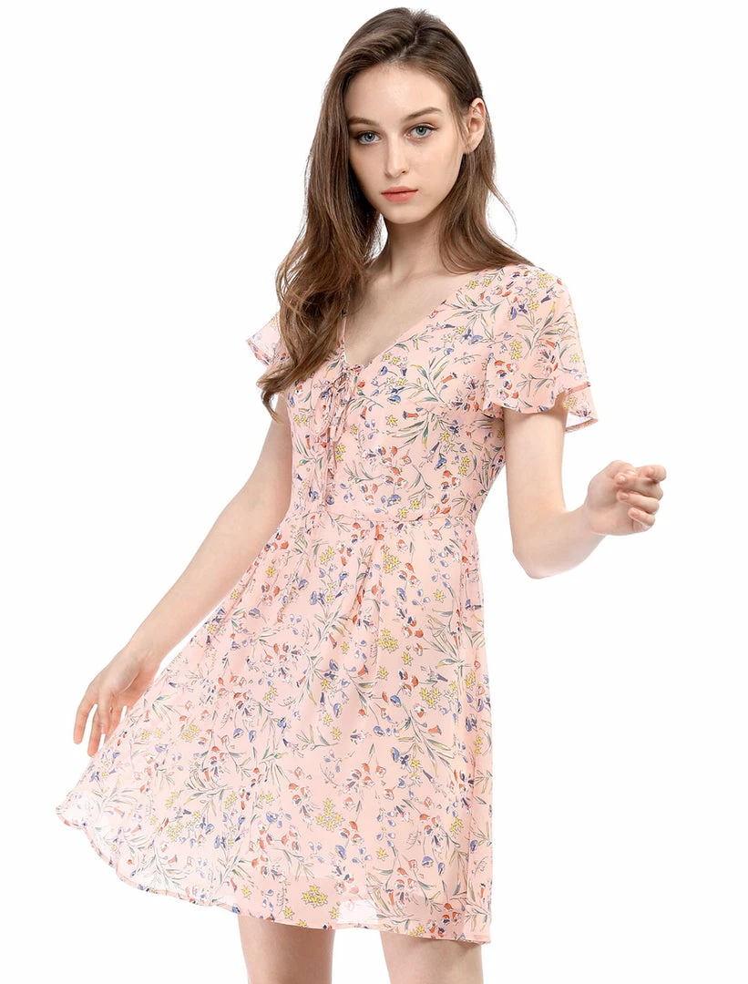Allegra K Floral Lace-up V-neck Flouncing Sleeve Chiffon Dress Clothing 40 Allegra K Floral Lace-up V-neck Flouncing Sleeve Chiffon Dress Clothing