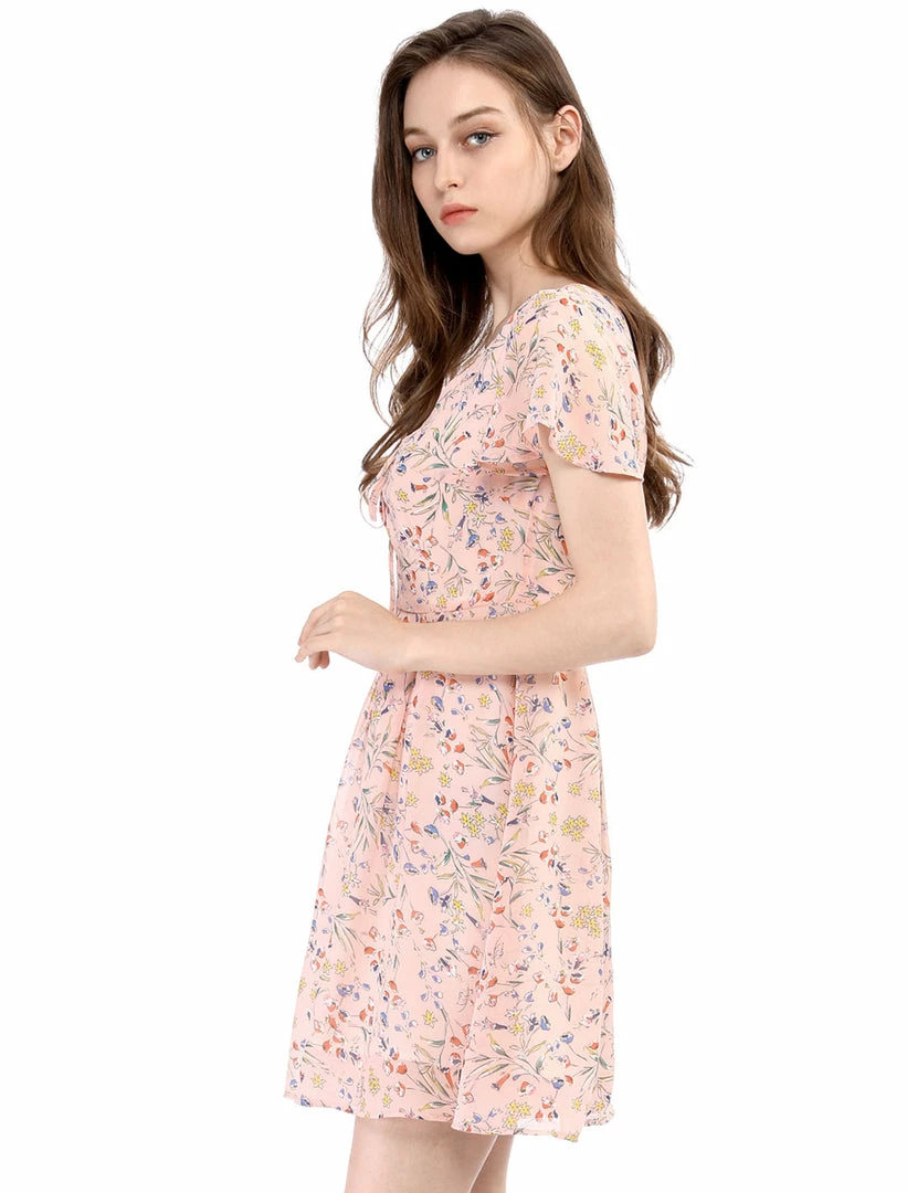 Allegra K Floral Lace-up V-neck Flouncing Sleeve Chiffon Dress Clothing 42 Allegra K Floral Lace-up V-neck Flouncing Sleeve Chiffon Dress Clothing