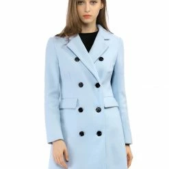 Women Allegra K Double Breasted Notched Lapel Coat With Side Flap Pockets