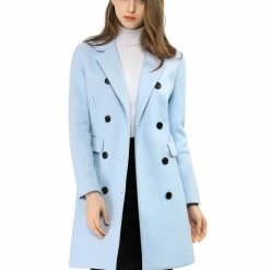Women Allegra K Double Breasted Notched Lapel Coat With Side Flap Pockets