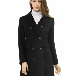 Women Allegra K Double Breasted Notched Lapel Coat With Side Flap Pockets