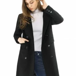 Women Allegra K Double Breasted Notched Lapel Coat With Side Flap Pockets