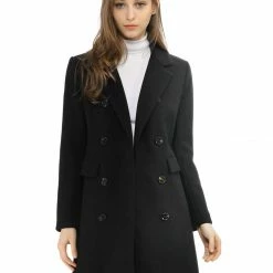 Women Allegra K Double Breasted Notched Lapel Coat With Side Flap Pockets