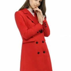Women Allegra K Double Breasted Notched Lapel Coat With Side Flap Pockets