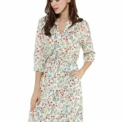 Allegra K Women's Button Down Floral Print V Neck 3/4 Sleeves Vintage Shirt Dress